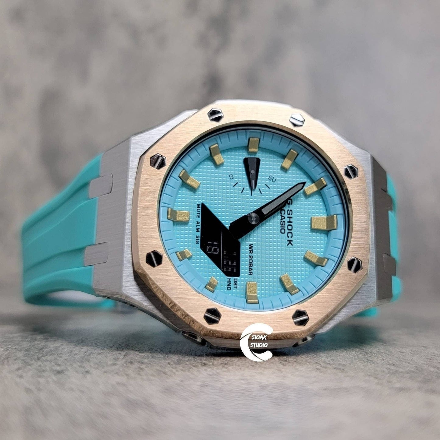 Casioak Mod Watch Rose Gold Silver Case Tiff Rubber Strap Tiff Gold Time Mark Tiff Blue Dial 44mm- Casioak Mod Casio G-Shock Royal Oak Custom Mens Luxury Watches Ga2100