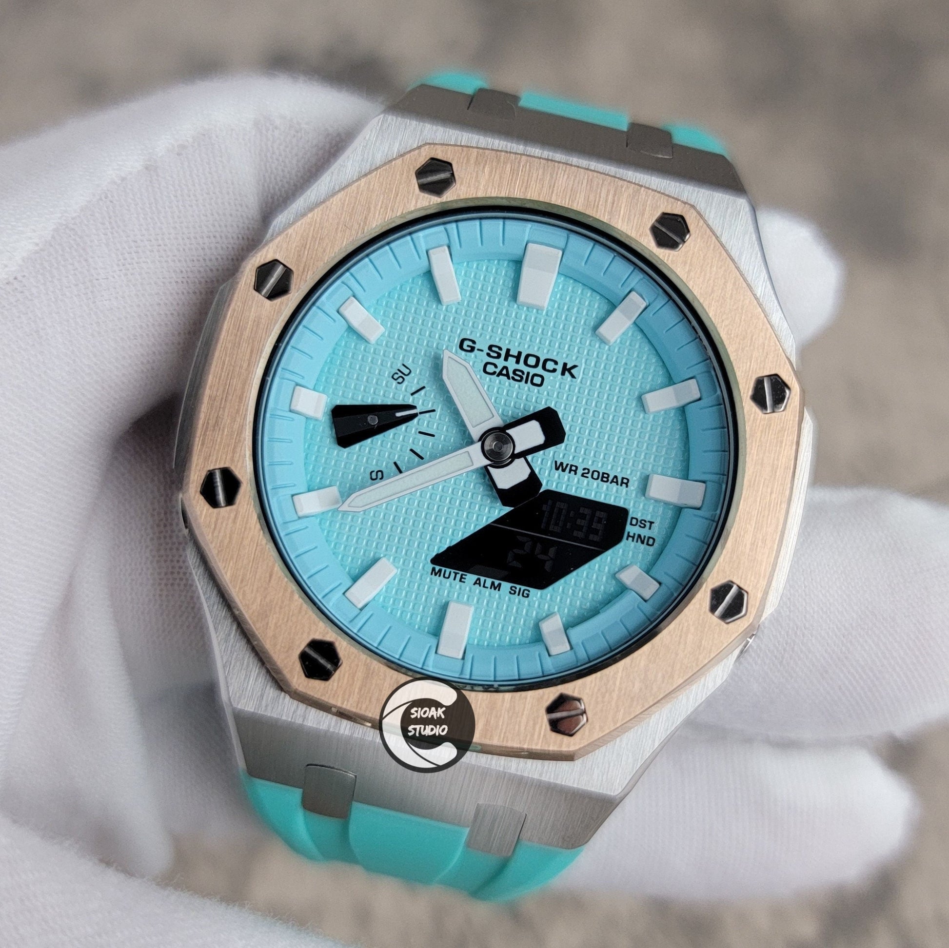 Casioak Mod Watch Rose Gold Silver Case Tiff Rubber Strap Tiff White Time Mark Tiff Blue Dial 44mm- Casioak Mod Casio G-Shock Royal Oak Custom Mens Luxury Watches Ga2100