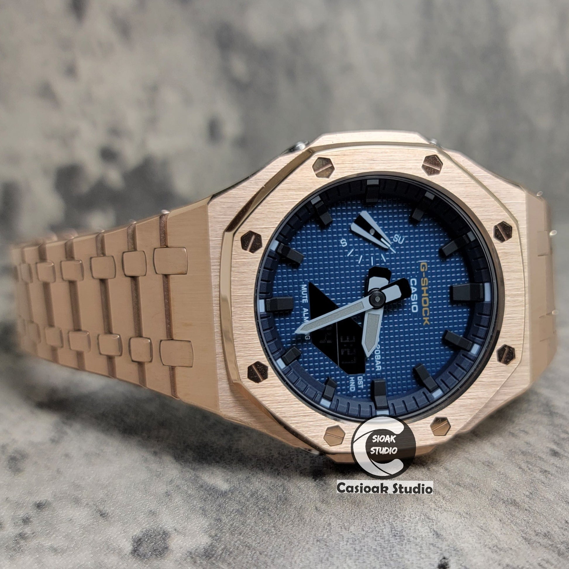 Casioak Mod Watch RoseGold Case Metal Strap Black Time Mark Blue Waffle Dial 44mm- Casioak Mod Casio G-Shock Royal Oak Custom Mens Luxury Watches Ga2100