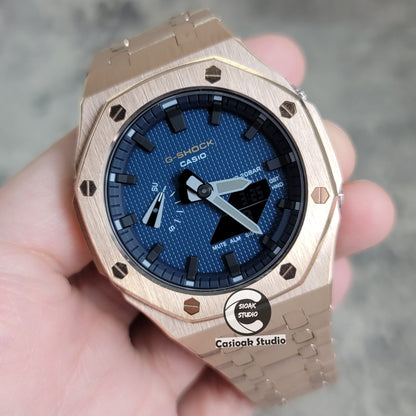 Casioak Mod Watch RoseGold Case Metal Strap Black Time Mark Blue Waffle Dial 44mm- Casioak Mod Casio G-Shock Royal Oak Custom Mens Luxury Watches Ga2100