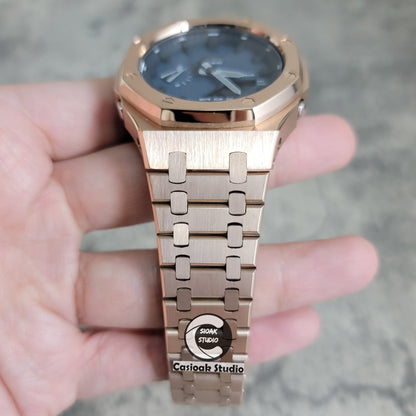 Casioak Mod Watch RoseGold Case Metal Strap Black Time Mark Blue Waffle Dial 44mm- Casioak Mod Casio G-Shock Royal Oak Custom Mens Luxury Watches Ga2100