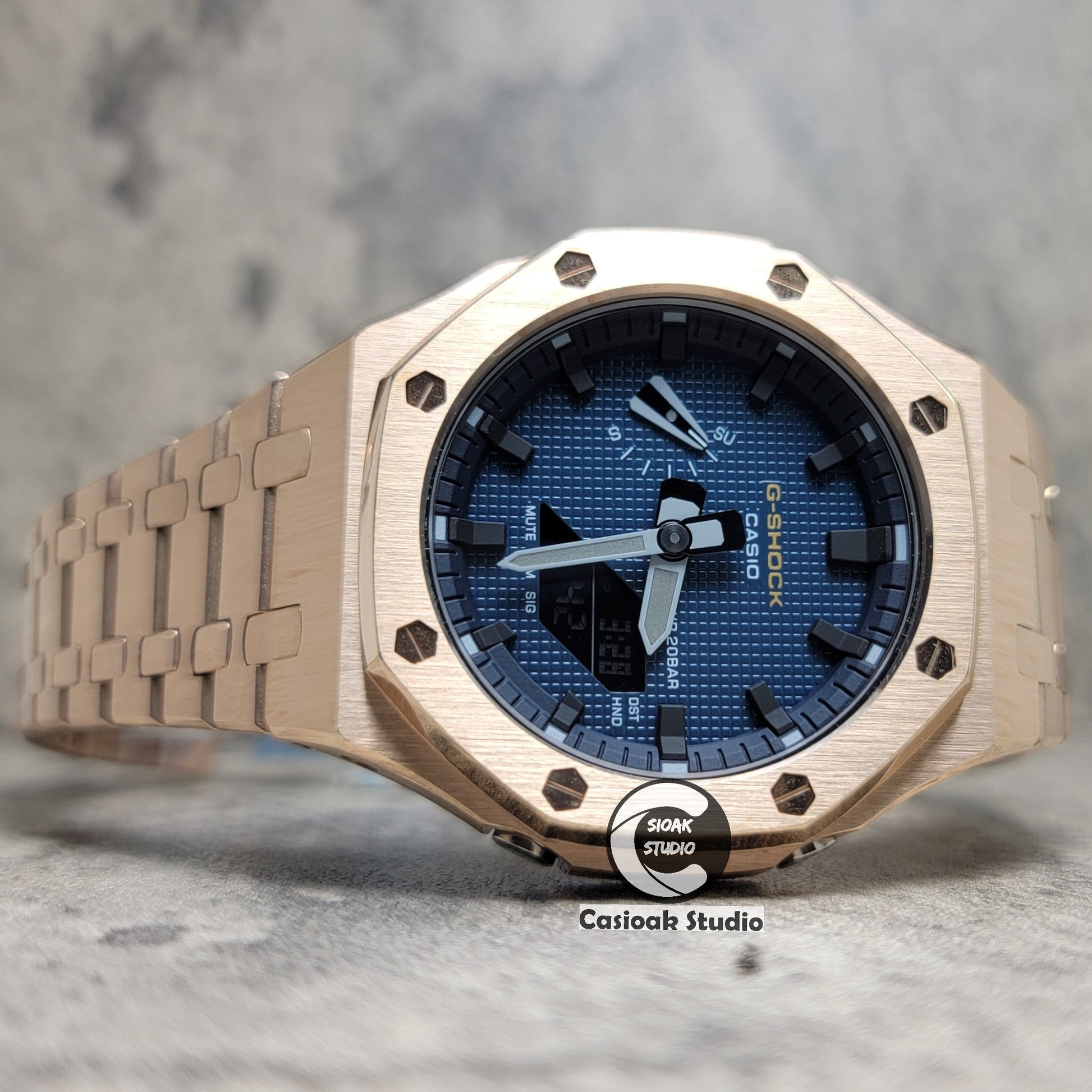 Casioak Mod Watch RoseGold Case Metal Strap Black Time Mark Blue Waffle Dial 44mm- Casioak Mod Casio G-Shock Royal Oak Custom Mens Luxury Watches Ga2100