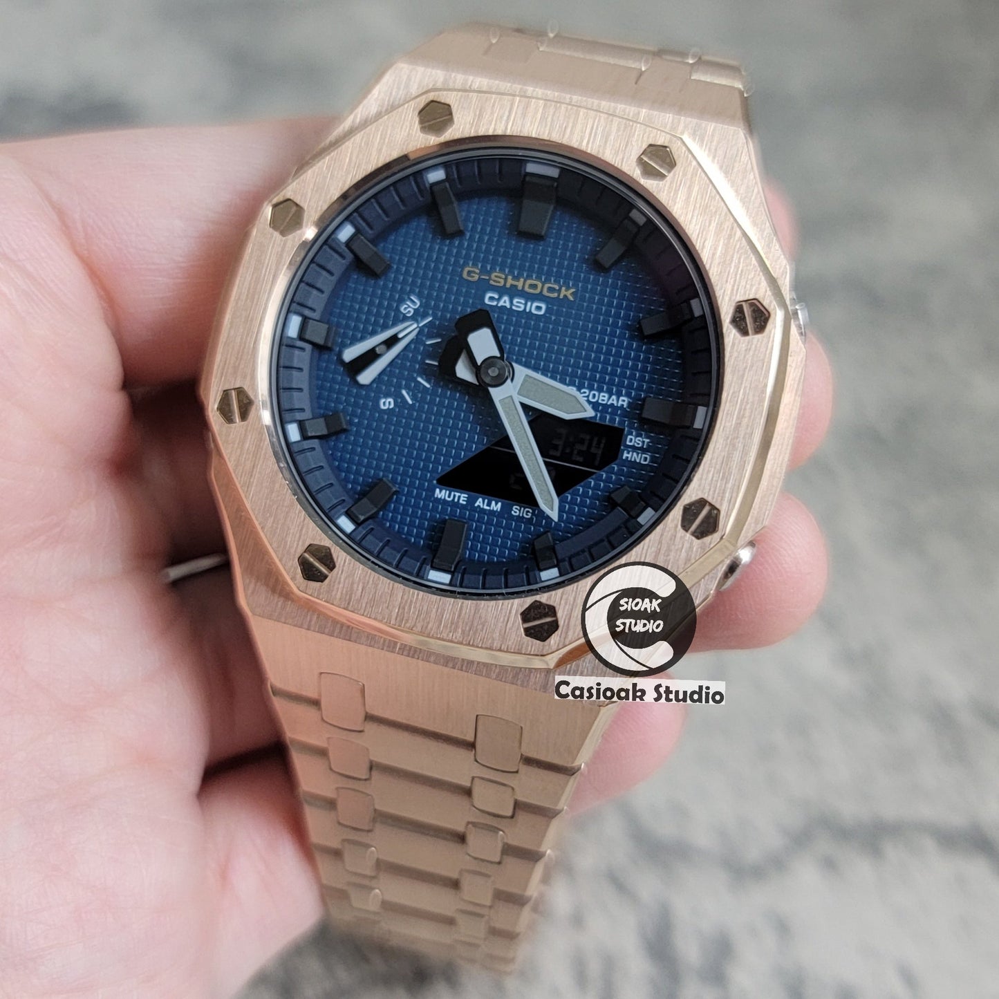 Casioak Mod Watch RoseGold Case Metal Strap Black Time Mark Blue Waffle Dial 44mm- Casioak Mod Casio G-Shock Royal Oak Custom Mens Luxury Watches Ga2100