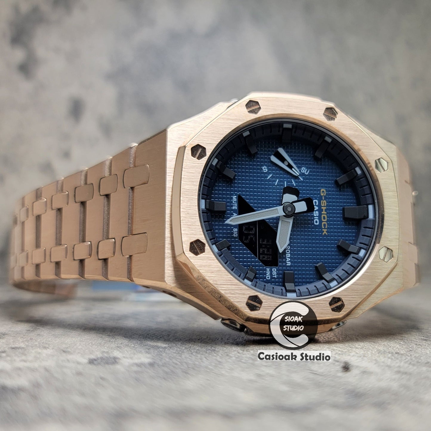 Casioak Mod Watch RoseGold Case Metal Strap Black Time Mark Blue Waffle Dial 44mm- Casioak Mod Casio G-Shock Royal Oak Custom Mens Luxury Watches Ga2100