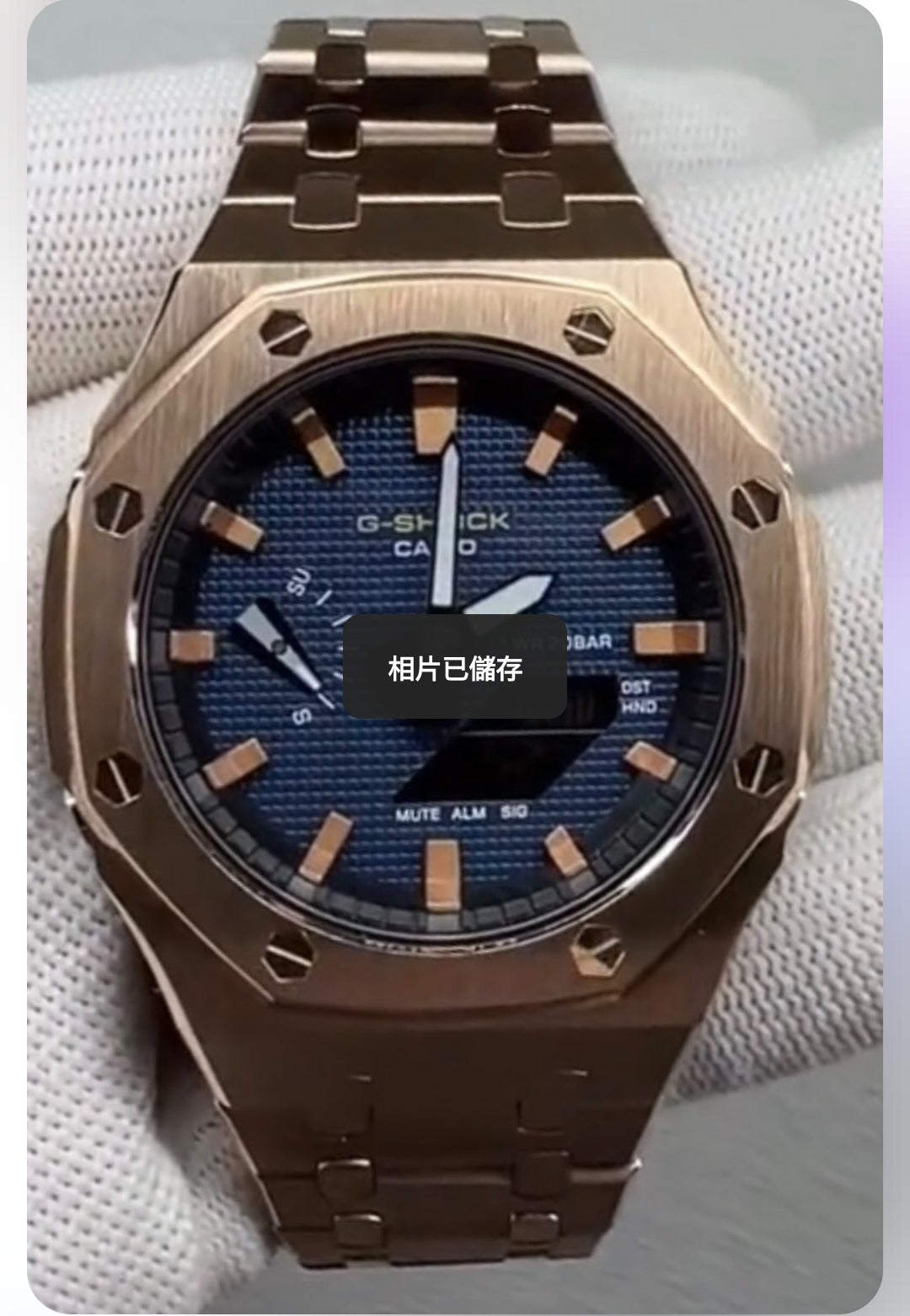 Casioak Mod Watch Rosegold Case Metal Strap Black Rosegold Time Mark Blue Waffle Dial 44mm- Casioak Mod Casio G-Shock Royal Oak Custom Mens Luxury Watches Ga2100