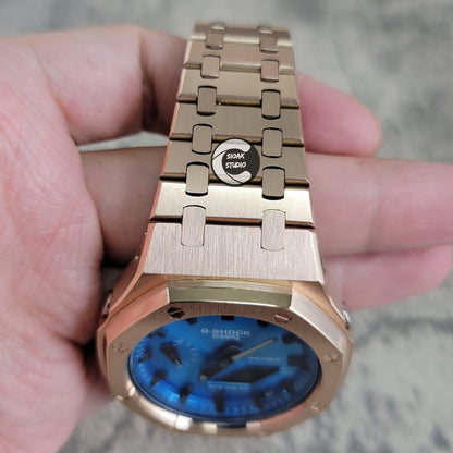 Casioak Mod Watch Rosegold Case Metal Strap Blue Black Time Mark Metallic Blue Dial 44mm- Casioak Mod Casio G-Shock Royal Oak Custom Mens Luxury Watches Ga2100