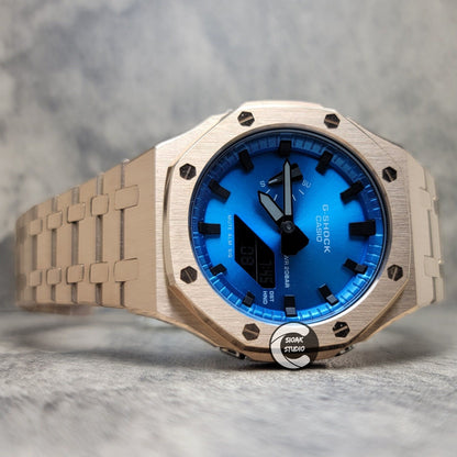 Casioak Mod Watch Rosegold Case Metal Strap Blue Black Time Mark Metallic Blue Dial 44mm- Casioak Mod Casio G-Shock Royal Oak Custom Mens Luxury Watches Ga2100