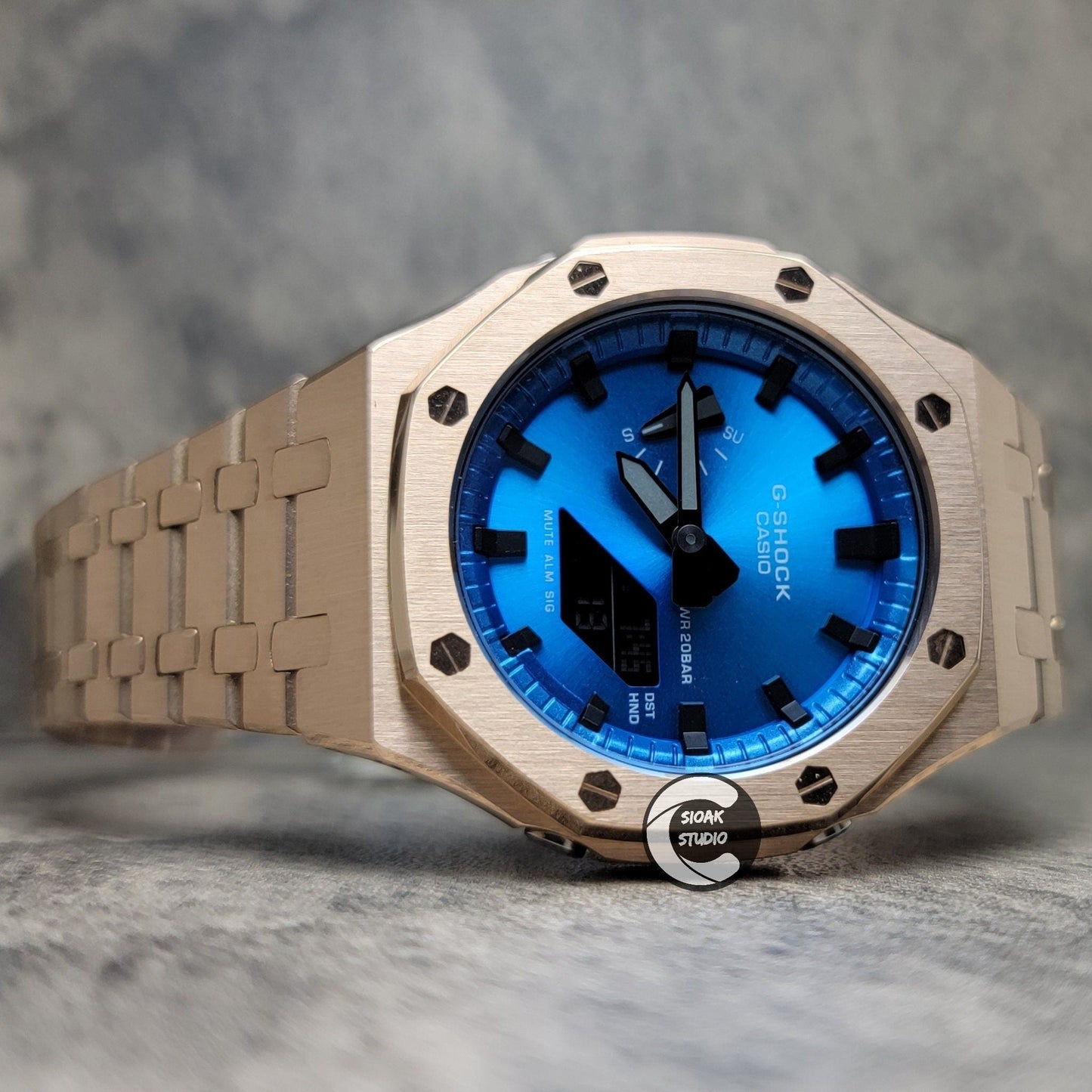 Casioak Mod Watch Rosegold Case Metal Strap Blue Black Time Mark Metallic Blue Dial 44mm- Casioak Mod Casio G-Shock Royal Oak Custom Mens Luxury Watches Ga2100