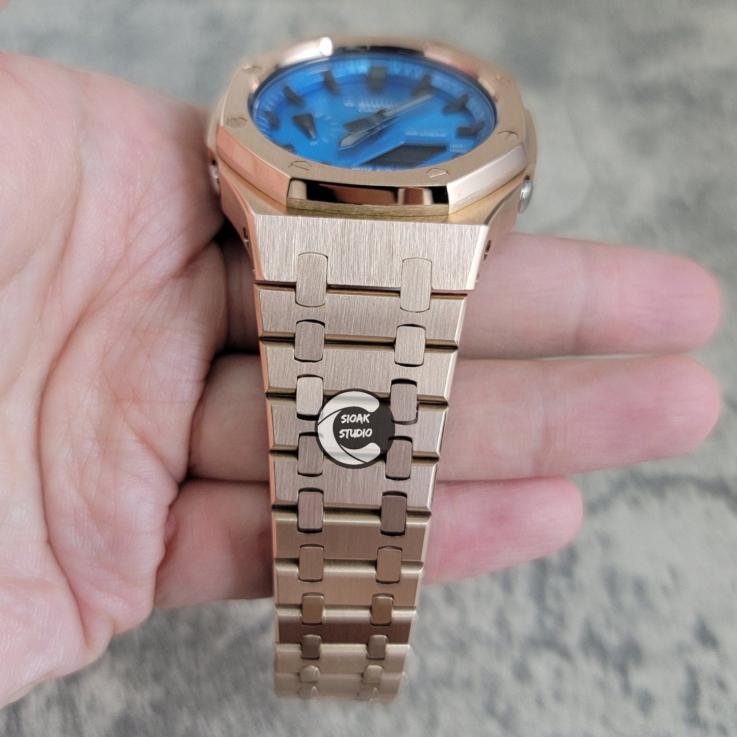 Casioak Mod Watch Rosegold Case Metal Strap Blue Black Time Mark Metallic Blue Dial 44mm- Casioak Mod Casio G-Shock Royal Oak Custom Mens Luxury Watches Ga2100