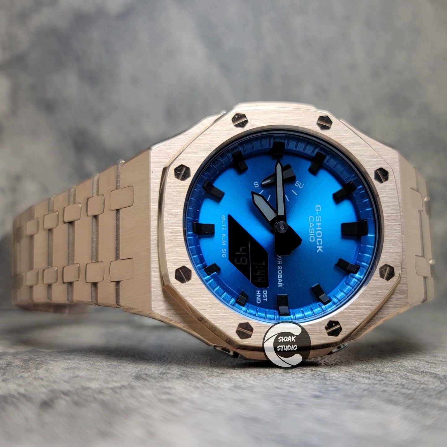 Casioak Mod Watch Rosegold Case Metal Strap Blue Black Time Mark Metallic Blue Dial 44mm- Casioak Mod Casio G-Shock Royal Oak Custom Mens Luxury Watches Ga2100