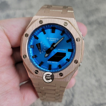 Casioak Mod Watch Rosegold Case Metal Strap Blue Black Time Mark Metallic Blue Dial 44mm- Casioak Mod Casio G-Shock Royal Oak Custom Mens Luxury Watches Ga2100