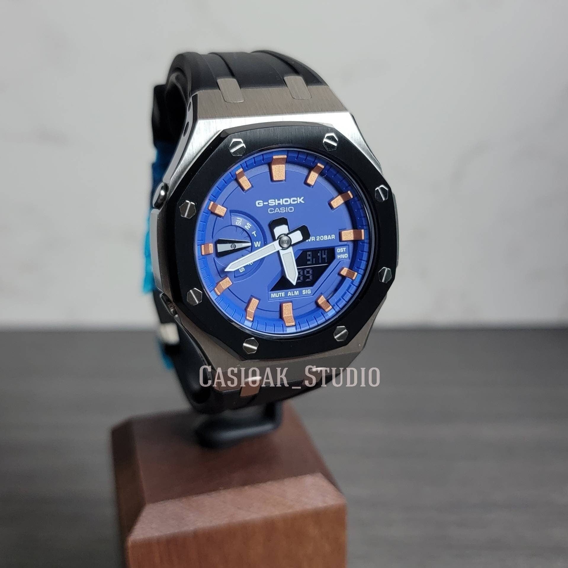 Casioak Mod Watch Silver Black Case Black Rubber Strap Blue Rose Gold Time Mark Blue Dial 44mm- Casioak Mod Casio G-Shock Royal Oak Custom Mens Luxury Watches Ga2100