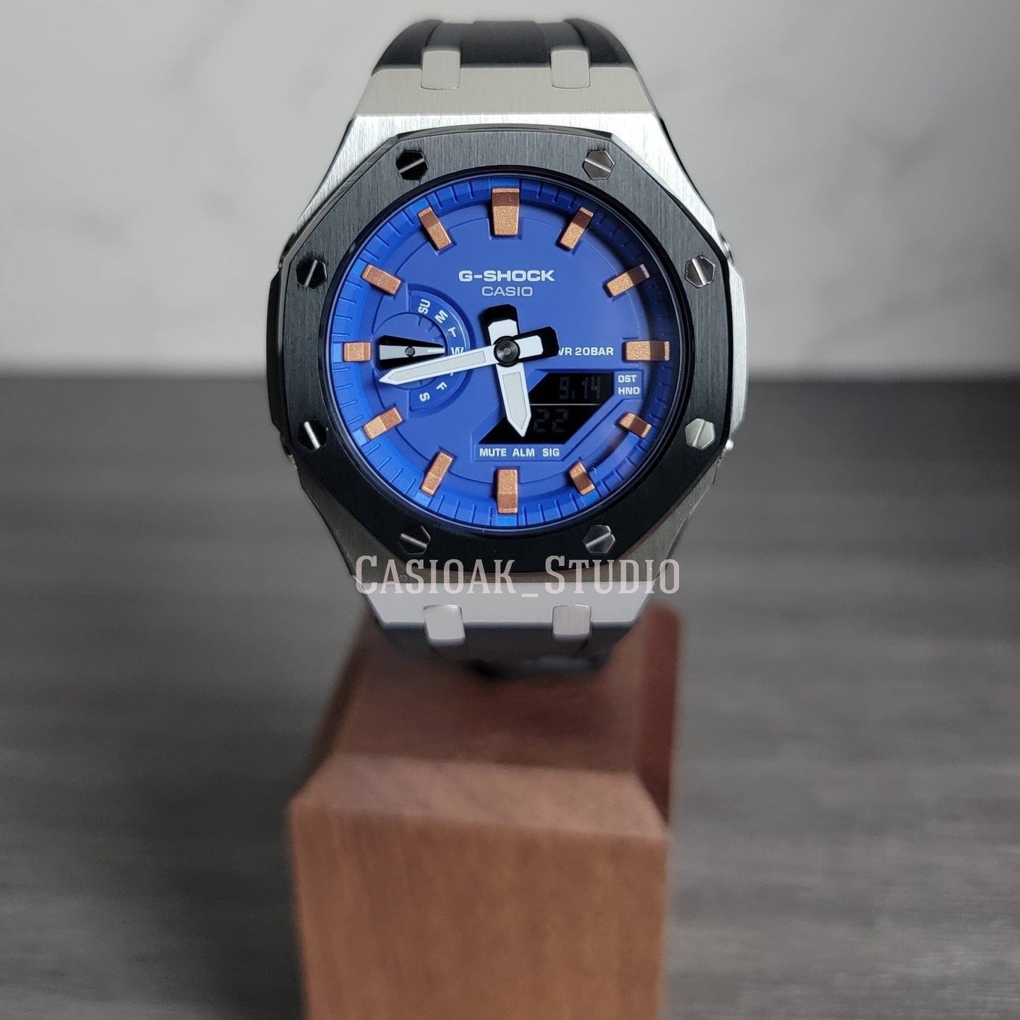 Casioak Mod Watch Silver Black Case Black Rubber Strap Blue Rose Gold Time Mark Blue Dial 44mm- Casioak Mod Casio G-Shock Royal Oak Custom Mens Luxury Watches Ga2100