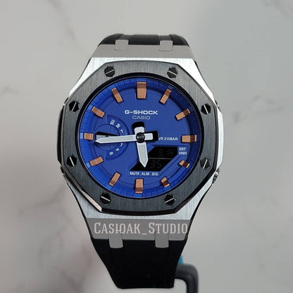 Casioak Mod Watch Silver Black Case Black Rubber Strap Blue Rose Gold Time Mark Blue Dial 44mm- Casioak Mod Casio G-Shock Royal Oak Custom Mens Luxury Watches Ga2100