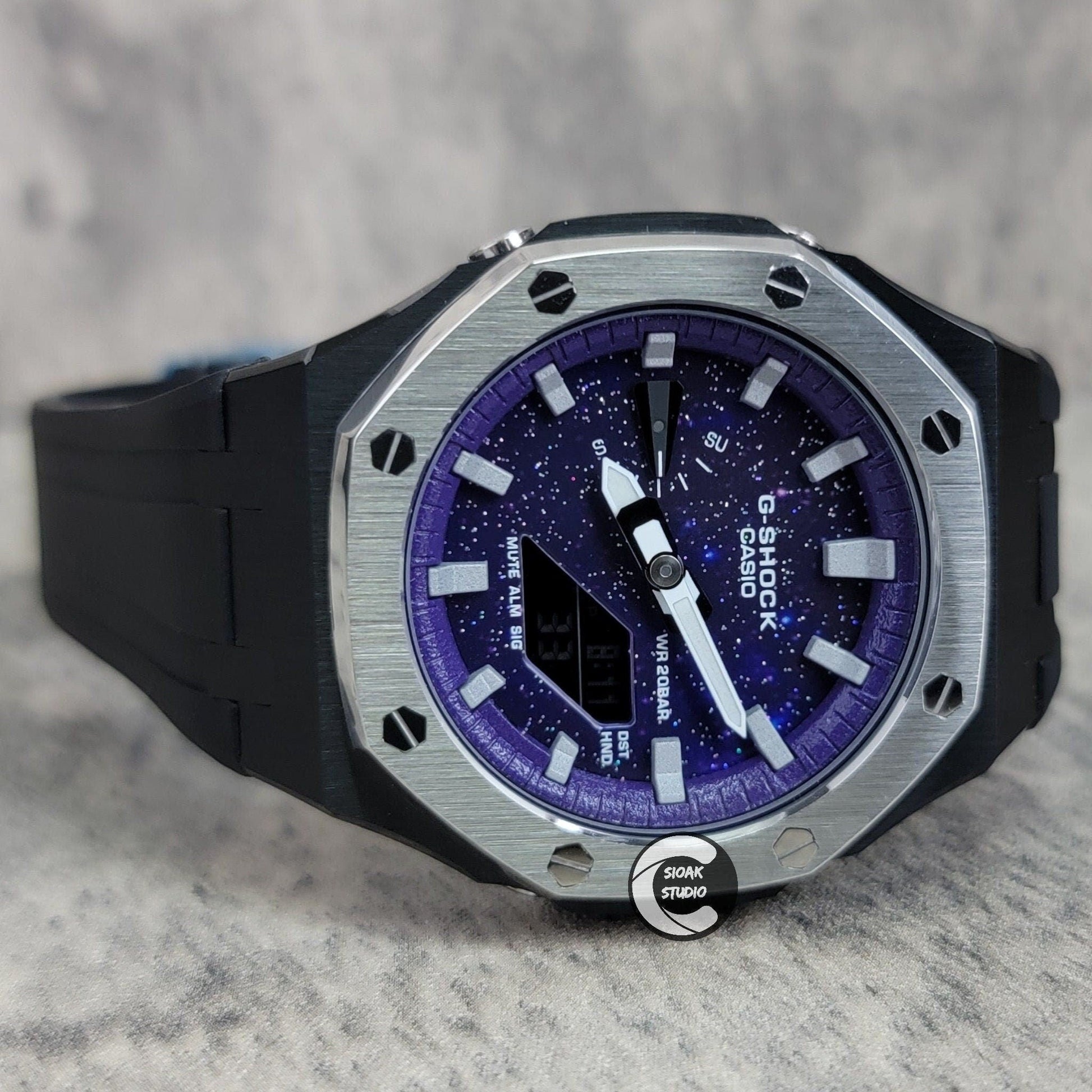 Casioak Mod Watch Silver Black Case Black Rubber Strap Purple Silver Time Mark Purple Dial 44mm- Casioak Mod Casio G-Shock Royal Oak Custom Mens Luxury Watches Ga2100