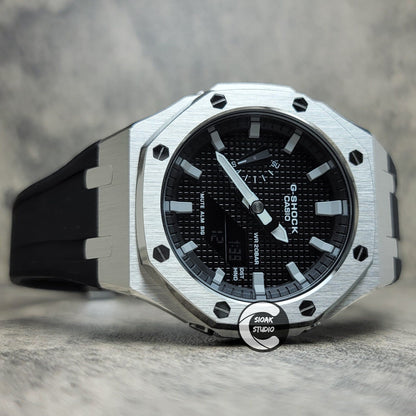 Casioak Mod Watch Silver Case Black Rubber Strap Black Grey Time Mark Black Waffle Dial 44mm- Casioak Mod Casio G-Shock Royal Oak Custom Mens Luxury Watches Ga2100