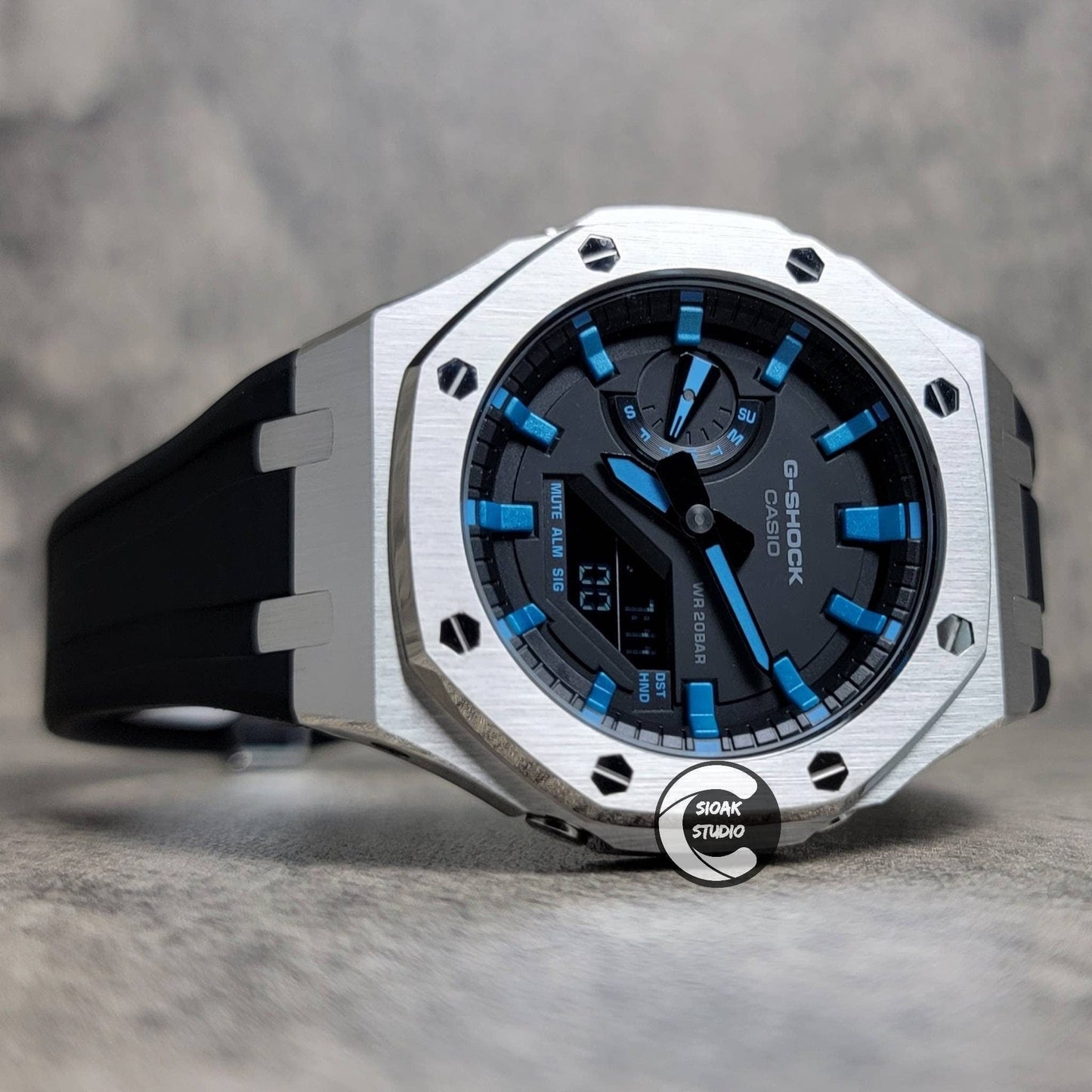 Casioak Mod Watch Silver Case Black Rubber Strap Black LIght Blue Time Mark Black Dial 44mm- Casioak Mod Casio G-Shock Royal Oak Custom Mens Luxury Watches Ga2100