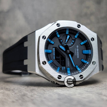 Casioak Mod Watch Silver Case Black Rubber Strap Black LIght Blue Time Mark Black Dial 44mm- Casioak Mod Casio G-Shock Royal Oak Custom Mens Luxury Watches Ga2100