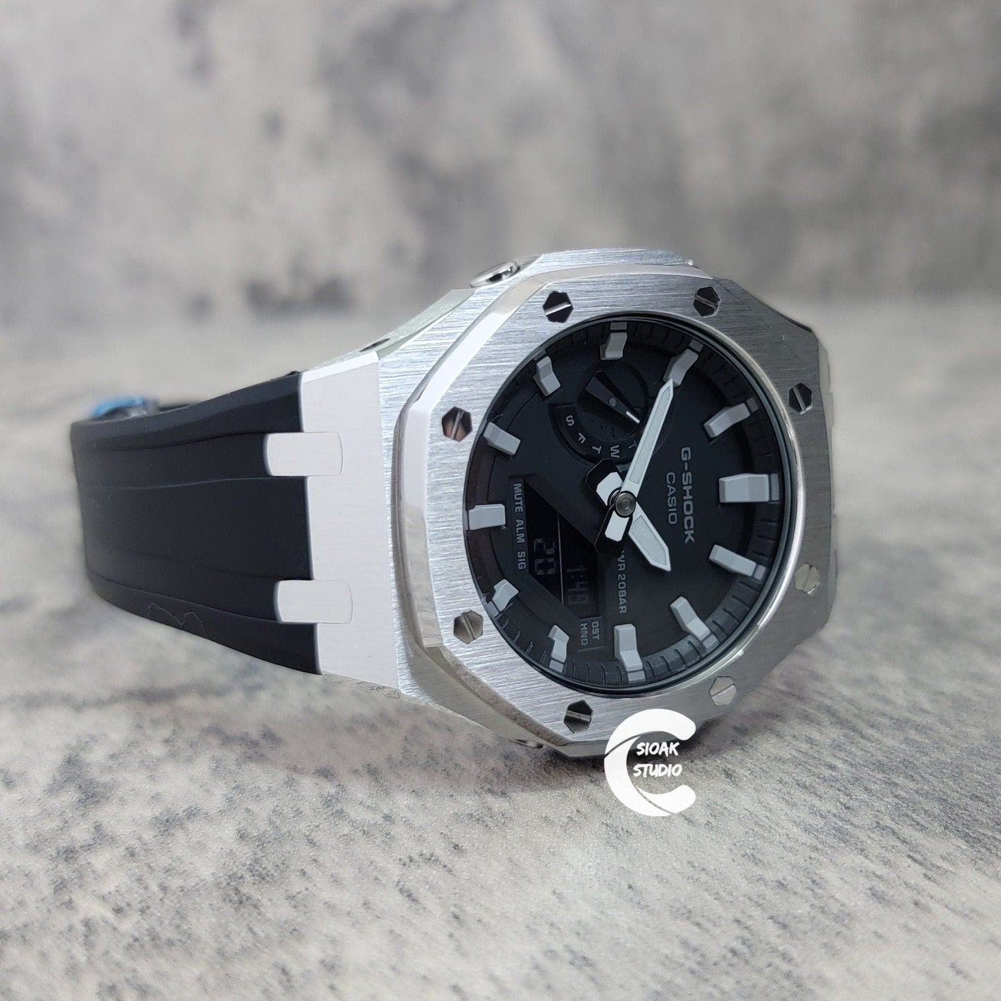 Casioak Mod Watch Silver Case Black Rubber Strap Black Light Gray Time Mark Black Dial 44mm- Casioak Mod Casio G-Shock Royal Oak Custom Mens Luxury Watches Ga2100