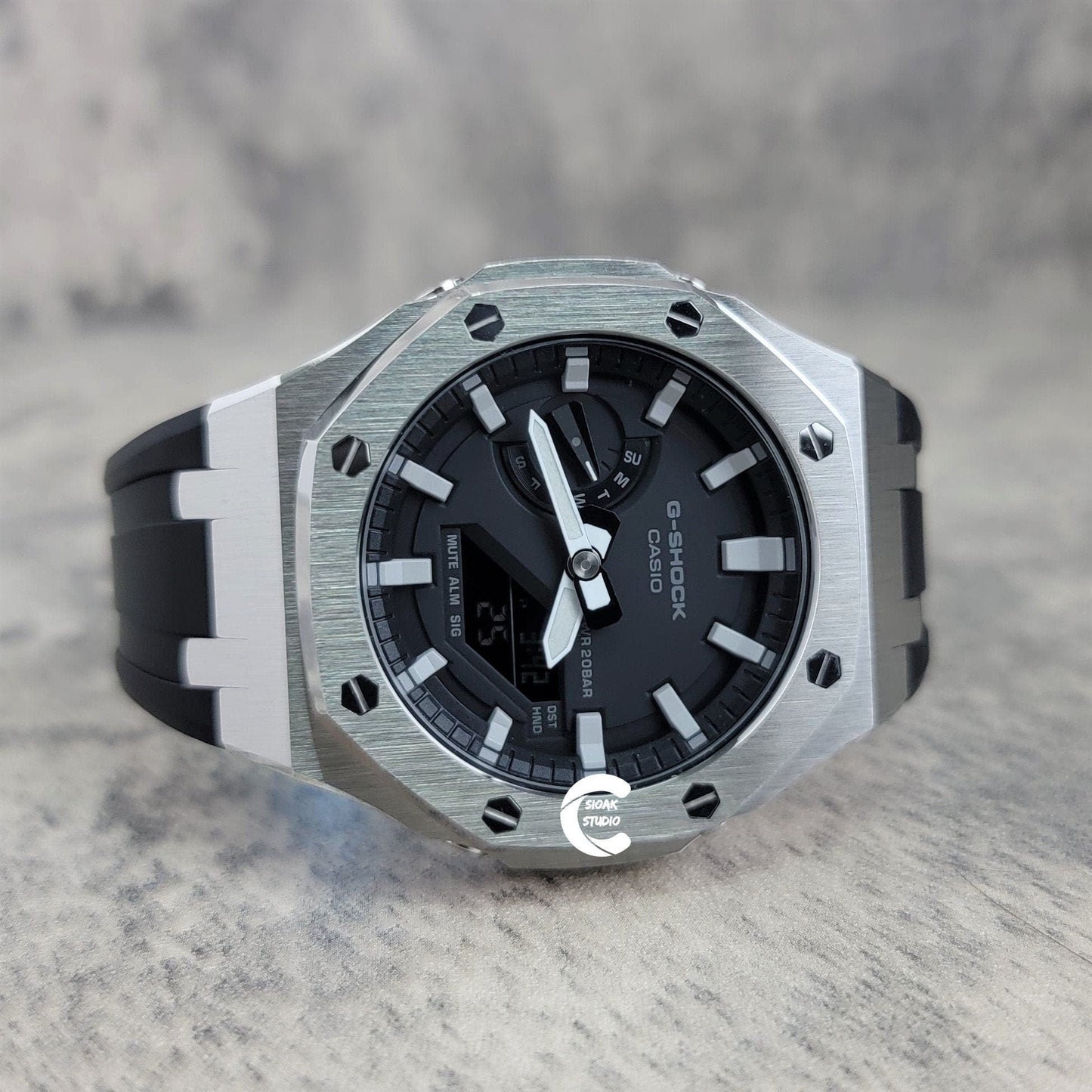 Casioak Mod Watch Silver Case Black Rubber Strap Black Light Gray Time Mark Black Dial 44mm- Casioak Mod Casio G-Shock Royal Oak Custom Mens Luxury Watches Ga2100