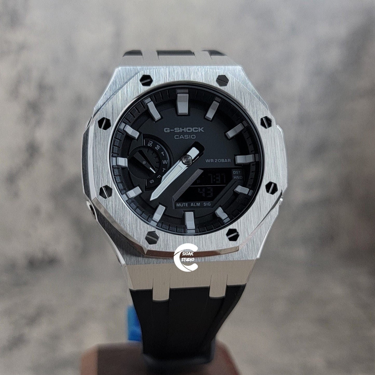 Casioak Mod Watch Silver Case Black Rubber Strap Black Light Gray Time Mark Black Dial 44mm- Casioak Mod Casio G-Shock Royal Oak Custom Mens Luxury Watches Ga2100