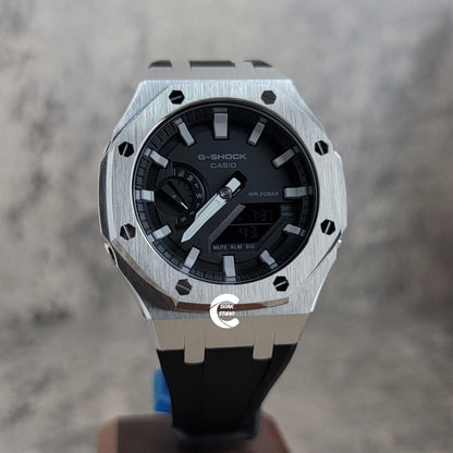 Casioak Mod Watch Silver Case Black Rubber Strap Black Light Gray Time Mark Black Dial 44mm- Casioak Mod Casio G-Shock Royal Oak Custom Mens Luxury Watches Ga2100