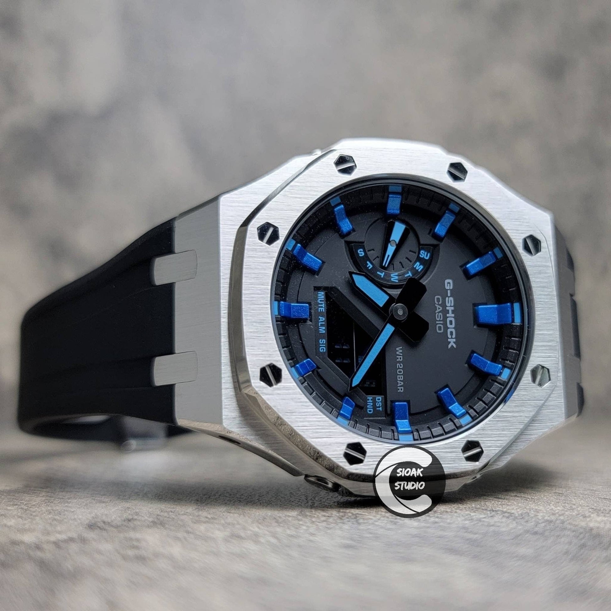 Casioak Mod Watch Silver Case Black Rubber Strap Black Metalkic Blue Time Mark Black Dial 44mm- Casioak Mod Casio G-Shock Royal Oak Custom Mens Luxury Watches Ga2100