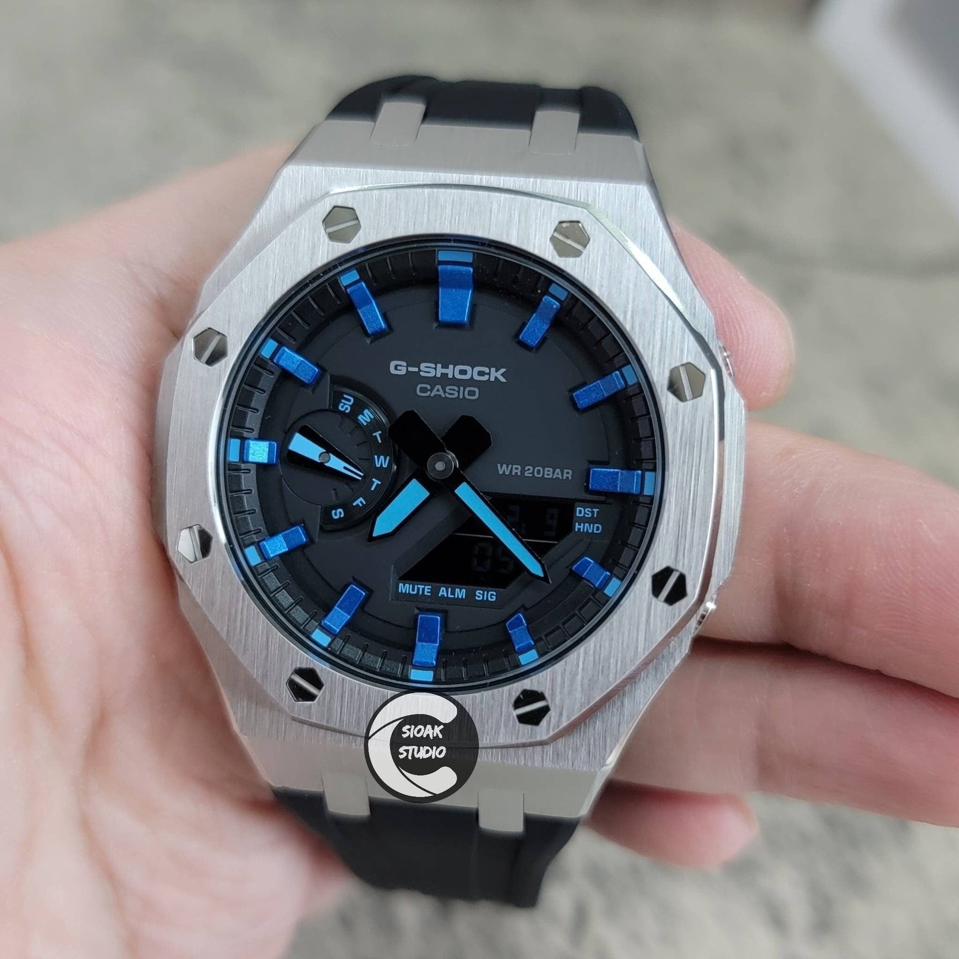 Casioak Mod Watch Silver Case Black Rubber Strap Black Metalkic Blue Time Mark Black Dial 44mm- Casioak Mod Casio G-Shock Royal Oak Custom Mens Luxury Watches Ga2100