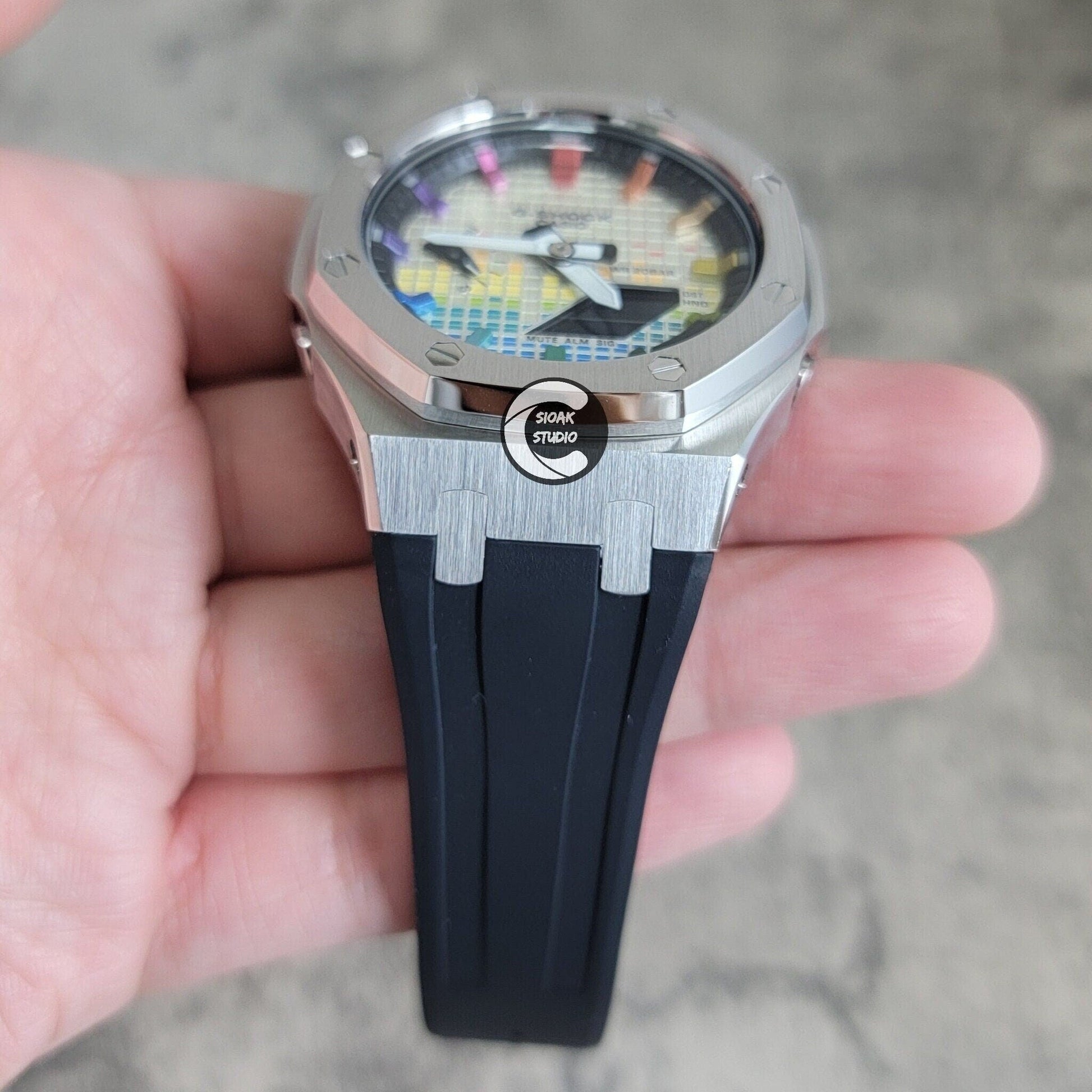 Casioak Mod Watch Silver Case Black Rubber Strap Black Rainbow Time Mark Music Dial 44mm- Casioak Mod Casio G-Shock Royal Oak Custom Mens Luxury Watches Ga2100