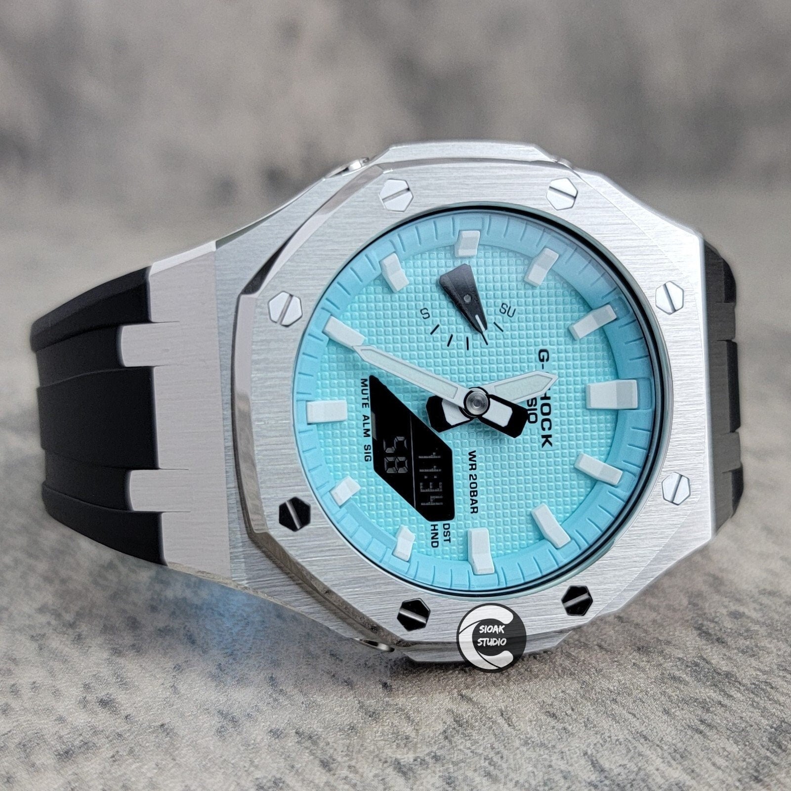 Casioak Mod Watch Silver Case Black Rubber Strap Tiff Time Mark Tiff Blue Dial 44mm- Casioak Mod Casio G-Shock Royal Oak Custom Mens Luxury Watches Ga2100