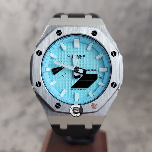 Casioak Mod Watch Silver Case Black Rubber Strap Tiff Time Mark Tiff Blue Dial 44mm- Casioak Mod Casio G-Shock Royal Oak Custom Mens Luxury Watches Ga2100