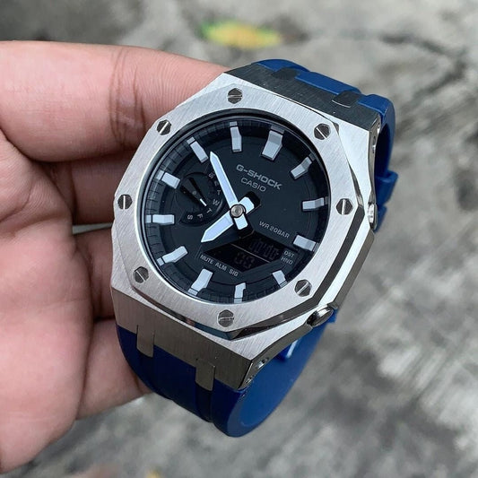 Casioak Mod Watch Silver Case Blue Rubber Strap Black Light Gray Time Mark Black Dial 44mm- Casioak Mod Casio G-Shock Royal Oak Custom Mens Luxury Watches Ga2100