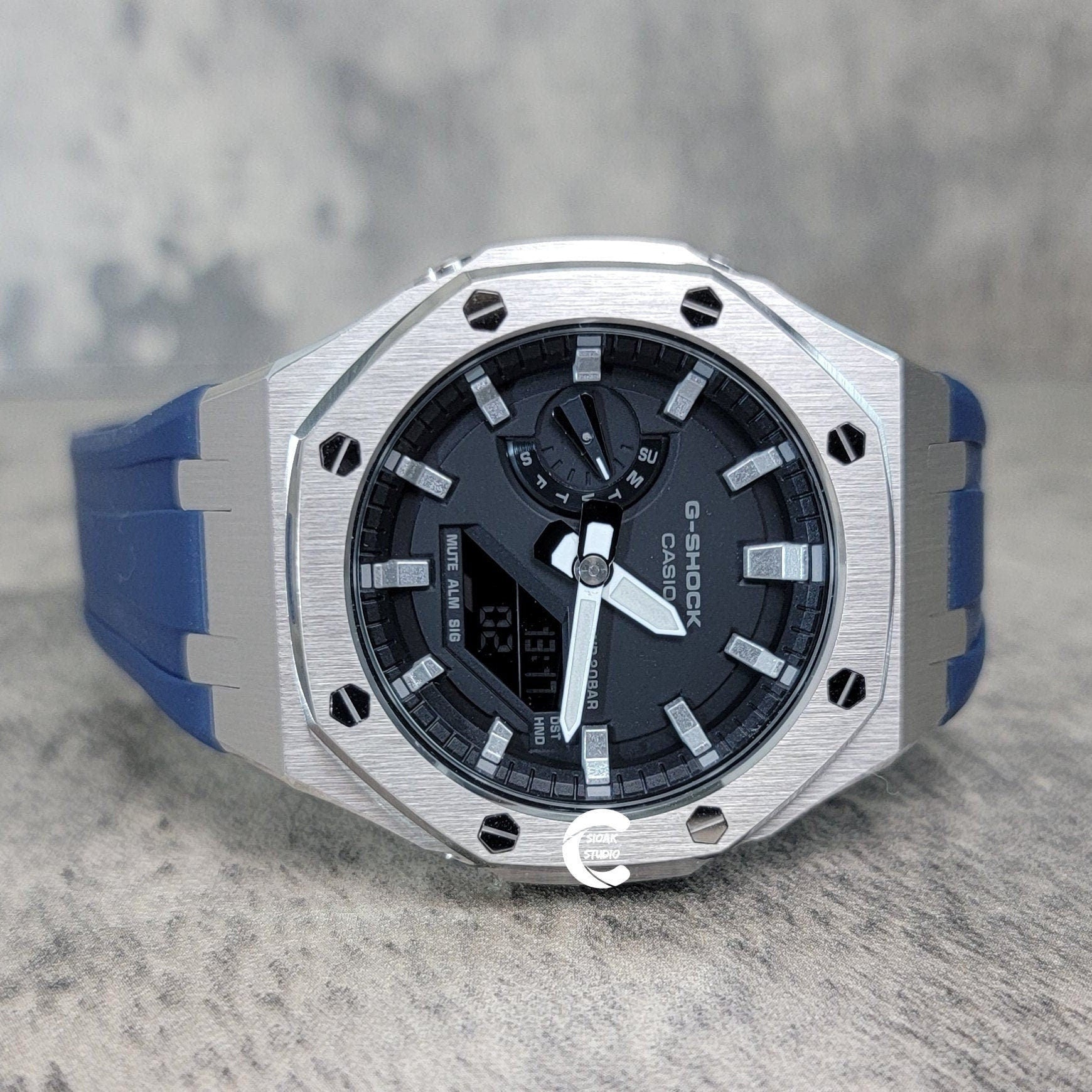 Casioak Mod Watch Silver Case Blue Rubber Strap Black Silver Time Mark Black Dial 44mm- Casioak Mod Casio G-Shock Royal Oak Custom Mens Luxury Watches Ga2100