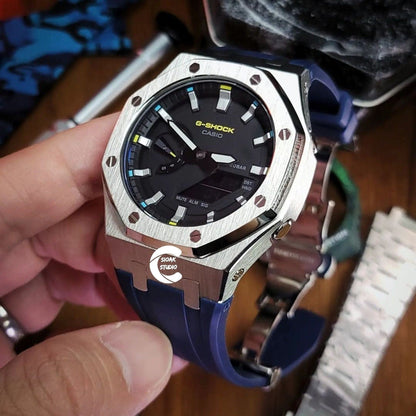 Casioak Mod Watch Silver Case Blue Rubber Strap Black Silver Time Mark Black Dial 44mm- Casioak Mod Casio G-Shock Royal Oak Custom Mens Luxury Watches Ga2100