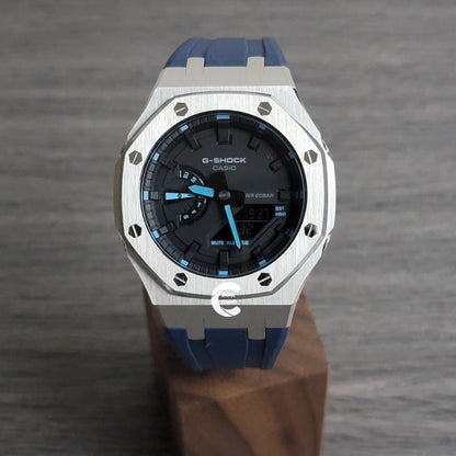 Casioak Mod Watch Silver Case Blue Rubber Strap Black Time Mark Black Dial 44mm- Casioak Mod Casio G-Shock Royal Oak Custom Mens Luxury Watches Ga2100