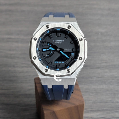 Casioak Mod Watch Silver Case Blue Rubber Strap Black Time Mark Black Dial 44mm- Casioak Mod Casio G-Shock Royal Oak Custom Mens Luxury Watches Ga2100