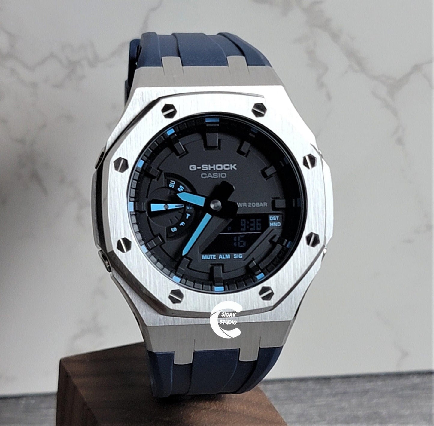 Casioak Mod Watch Silver Case Blue Rubber Strap Black Time Mark Black Dial 44mm- Casioak Mod Casio G-Shock Royal Oak Custom Mens Luxury Watches Ga2100