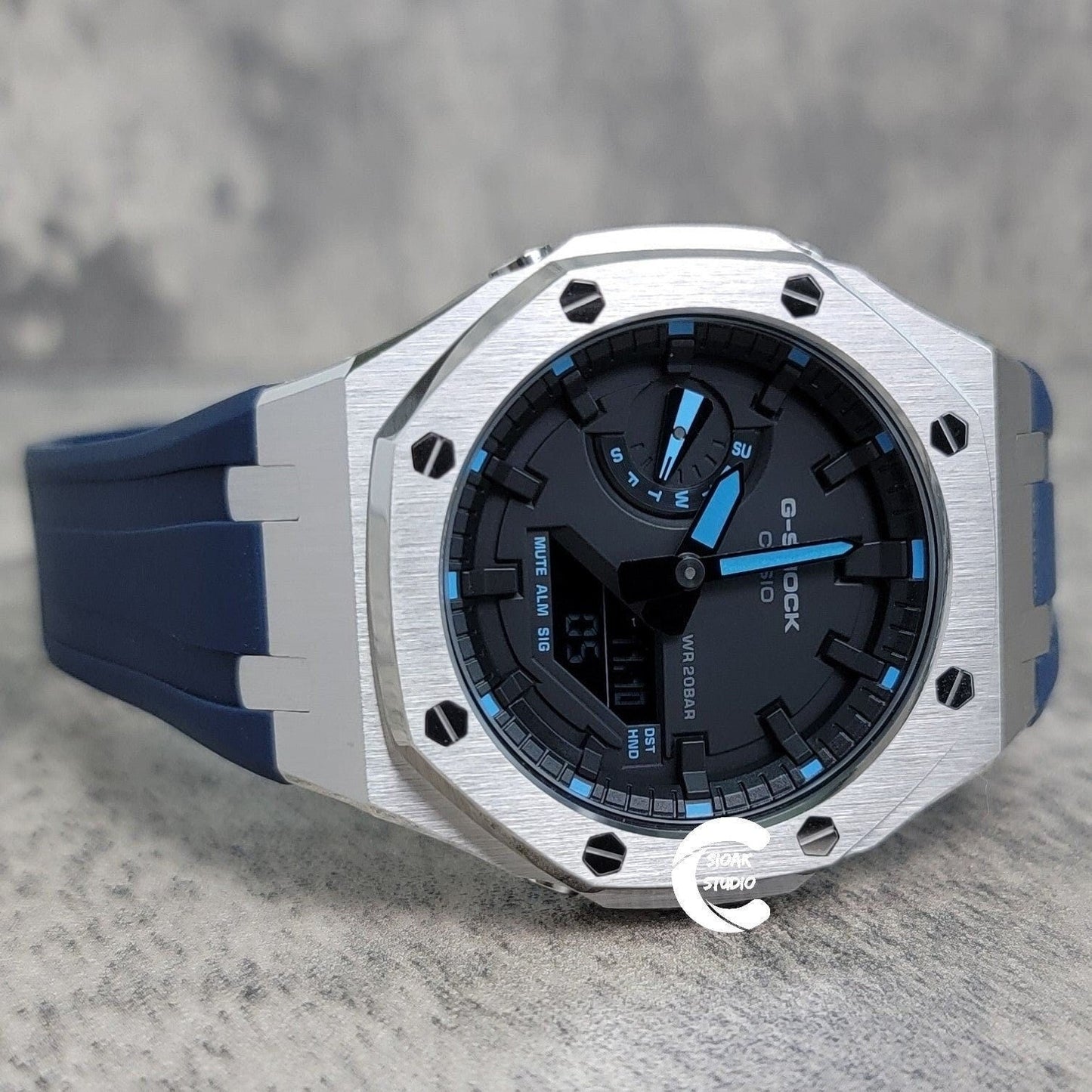 Casioak Mod Watch Silver Case Blue Rubber Strap Black Time Mark Black Dial Blue 44mm- Casioak Mod Casio G-Shock Royal Oak Custom Mens Luxury Watches Ga2100