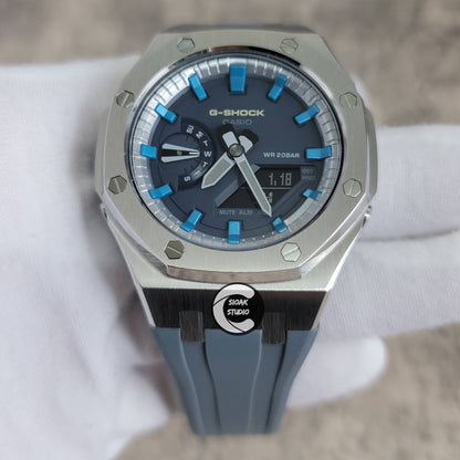 Casioak Mod Watch Silver Case Blue Rubber Strap Silver Blue Time Mark Blue Dial 44mm- Casioak Mod Casio G-Shock Royal Oak Custom Mens Luxury Watches Ga2100