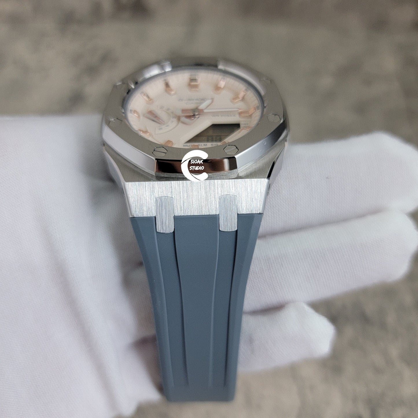 Casioak Mod Watch Silver Case Gray Rubber Strap Beige Rose Gold Time Mark Beige Dial 42mm- Casioak Mod Casio G-Shock Royal Oak Custom Mens Luxury Watches Ga2100