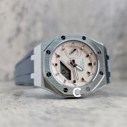 Casioak Mod Watch Silver Case Gray Rubber Strap Beige Rose Gold Time Mark Beige Dial 42mm- Casioak Mod Casio G-Shock Royal Oak Custom Mens Luxury Watches Ga2100