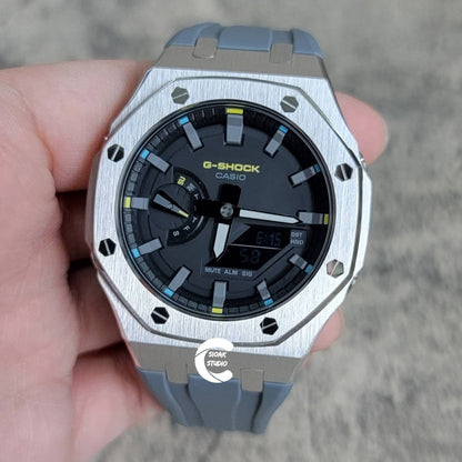 Casioak Mod Watch Silver Case Gray Rubber Strap Black Gray Time Mark Black Dial 44mm- Casioak Mod Casio G-Shock Royal Oak Custom Mens Luxury Watches Ga2100