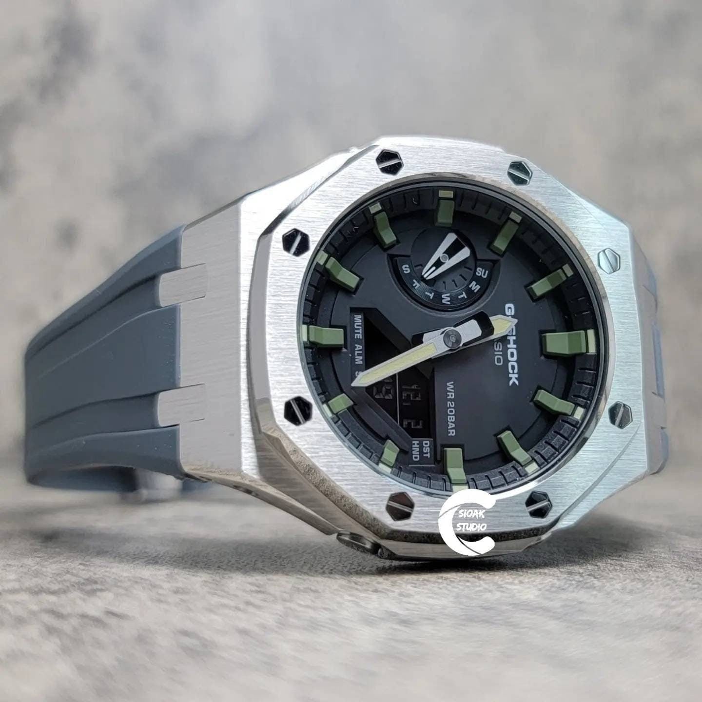 Casioak Mod Watch Silver Case Gray Rubber Strap Black Green Time Mark Black Dial 44mm- Casioak Mod Casio G-Shock Royal Oak Custom Mens Luxury Watches Ga2100