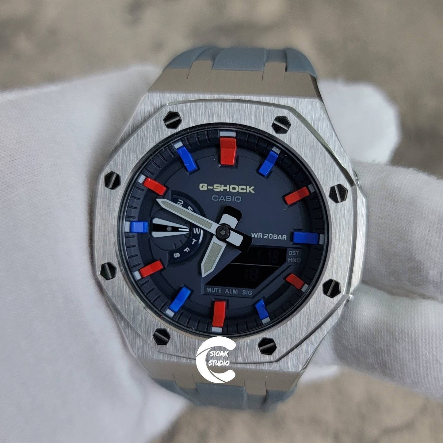 Casioak Mod Watch Silver Case Gray Rubber Strap Blue Red Time Mark Blue Dial 44mm- Casioak Mod Casio G-Shock Royal Oak Custom Mens Luxury Watches Ga2100