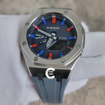 Casioak Mod Watch Silver Case Gray Rubber Strap Blue Red Time Mark Blue Dial 44mm- Casioak Mod Casio G-Shock Royal Oak Custom Mens Luxury Watches Ga2100