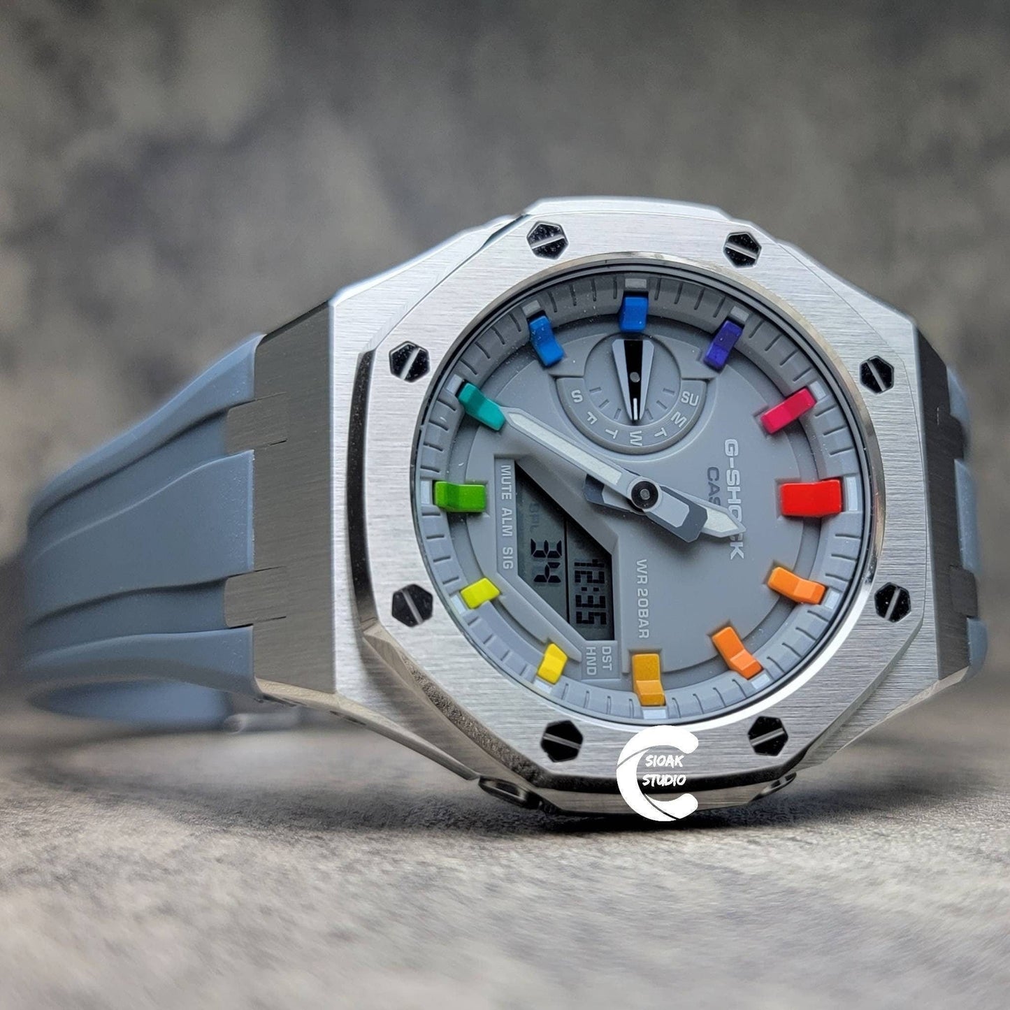 Casioak Mod Watch Silver Case Gray Rubber Strap Gray Rainbow Time Mark Gray Dial 44mm- Casioak Mod Casio G-Shock Royal Oak Custom Mens Luxury Watches Ga2100