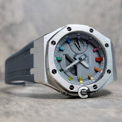 Casioak Mod Watch Silver Case Gray Rubber Strap Gray Rainbow Time Mark Gray Dial 44mm- Casioak Mod Casio G-Shock Royal Oak Custom Mens Luxury Watches Ga2100