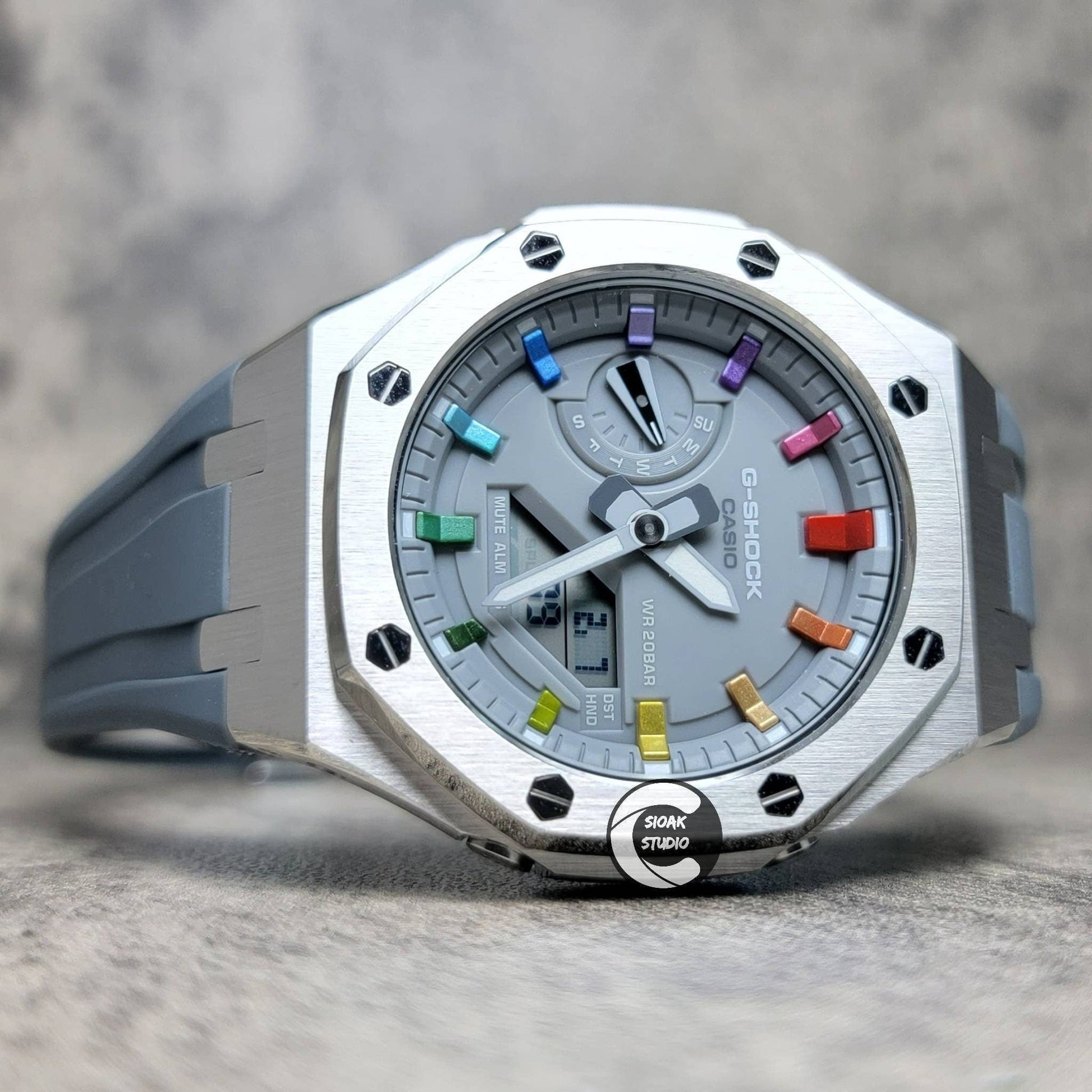 Casioak Mod Watch Silver Case Gray Rubber Strap Gray Rainbow Time Mark Gray Dial 44mm- Casioak Mod Casio G-Shock Royal Oak Custom Mens Luxury Watches Ga2100