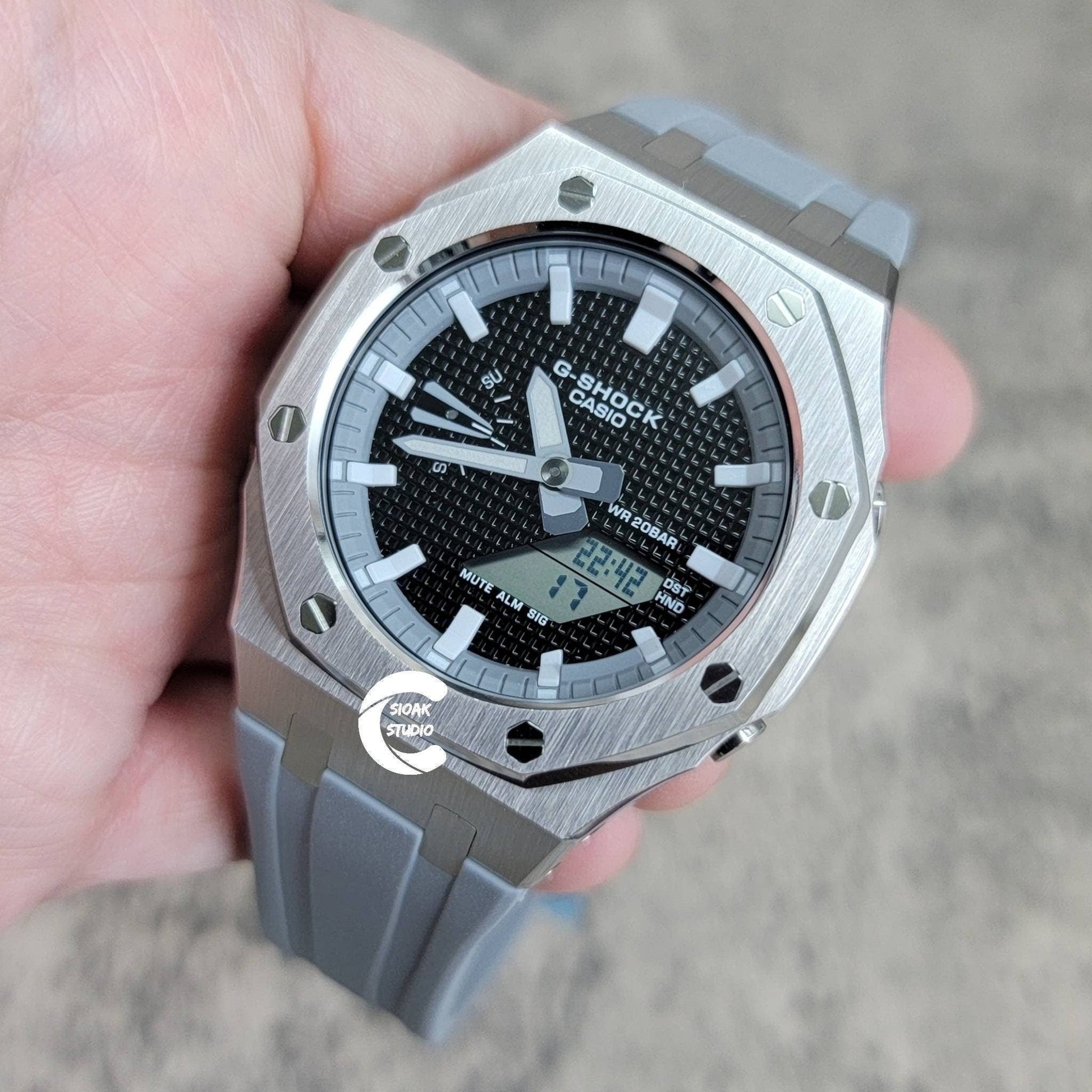 Casioak Mod Watch Silver Case Gray Rubber Strap Gray Whtie Time Mark Black Dial 44mm- Casioak Mod Casio G-Shock Royal Oak Custom Mens Luxury Watches Ga2100