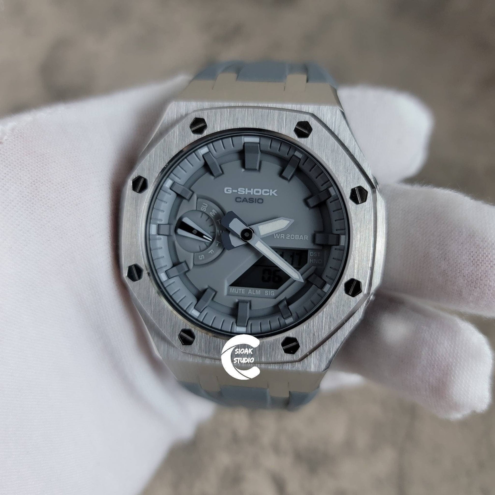 Casioak Mod Watch Silver Case Gray Rubber Strap Light Gray Time Mark Gray Dial 44mm- Casioak Mod Casio G-Shock Royal Oak Custom Mens Luxury Watches Ga2100